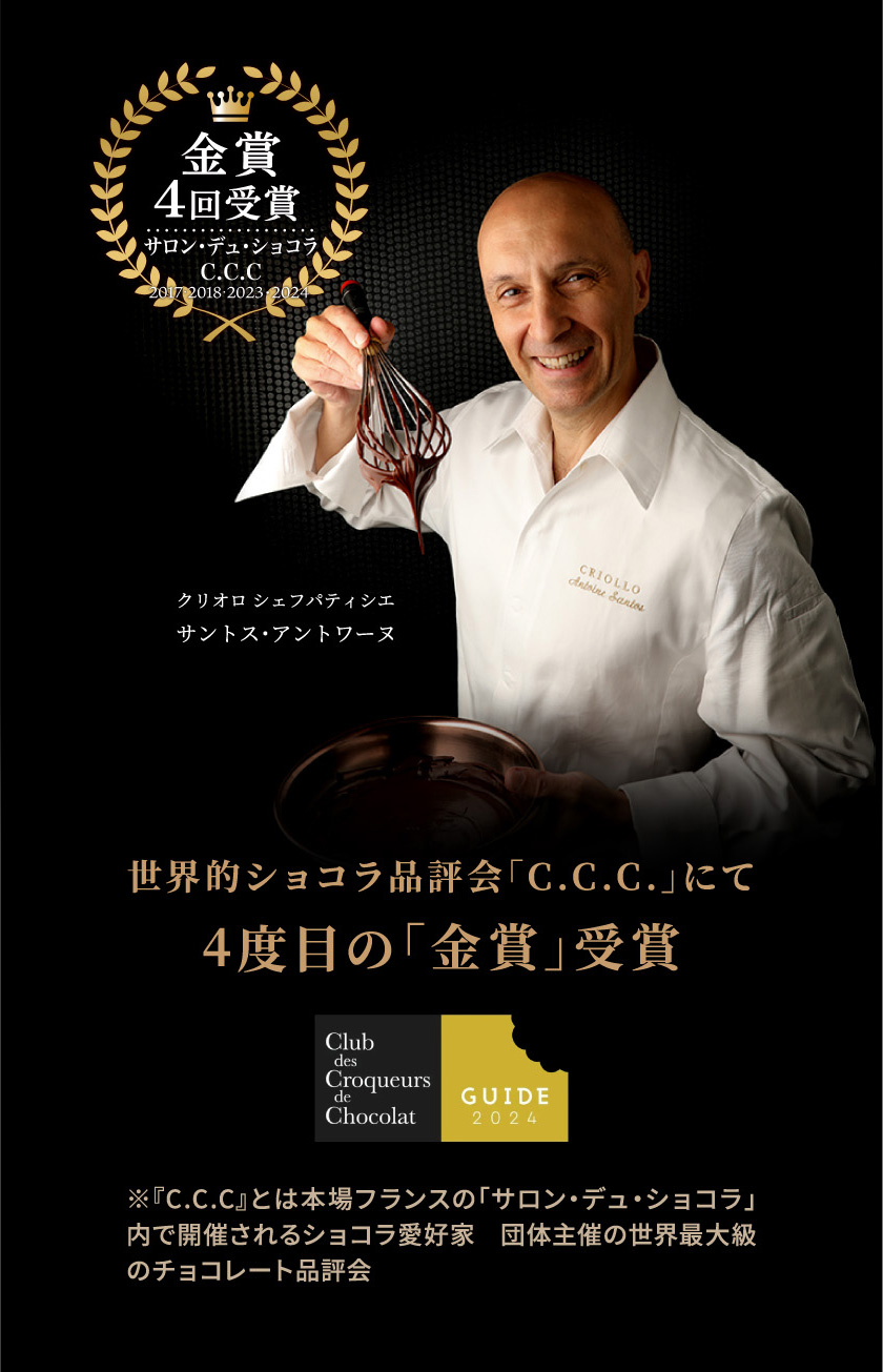 金賞4回受賞 サロン・デュ・ショコラ C.C.C 2018・2019・2024・2025 世界的ショコラ品評会「C.C.C.」にて4度目の「金賞」受賞